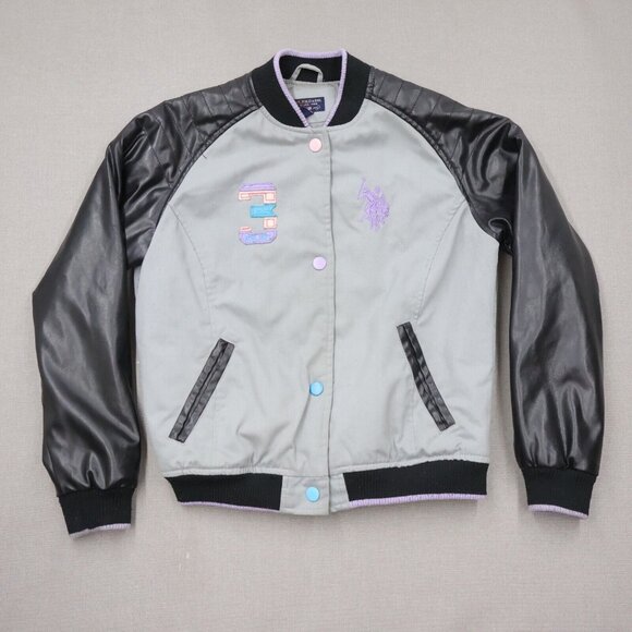 US Polo Assn Girls Bomber Jacket L Leather Sleeves Embroidered Position 3 USPA - Picture 1 of 11